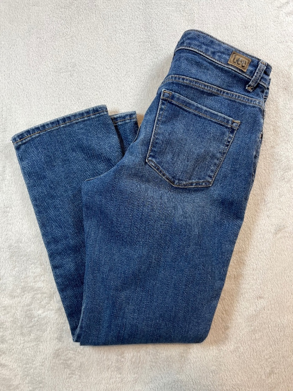 sz 10S Lee Instantly Slims Relaxed Fit Straight Leg High Rise Blue Jeans Denim